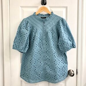 Women's Blue Eyelet Puff Sleeve Top